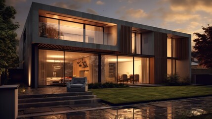 3d rendering of modern cozy house  for sale or rent. Sunset in background.