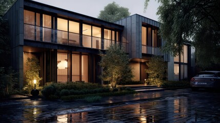 3D rendering of a modern office building in the city at night