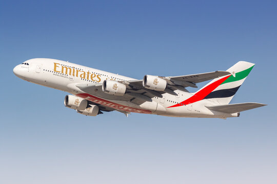 Emirates Airbus A380-800 airplane at Dubai Airport in the United Arab Emirates