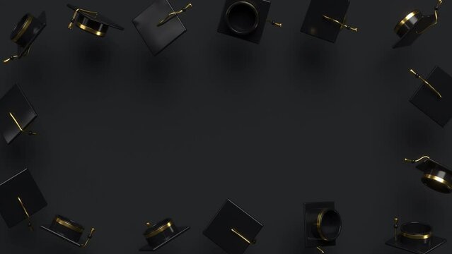 Random rotating graduation caps with copy space. Education, diploma award, degree ceremony concept. 3d render looped 4k animation.
