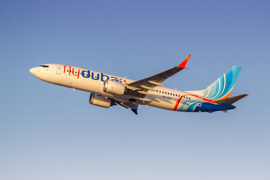 FlyDubai Boeing 737 MAX 8 airplane at Dubai Airport in the United Arab Emirates