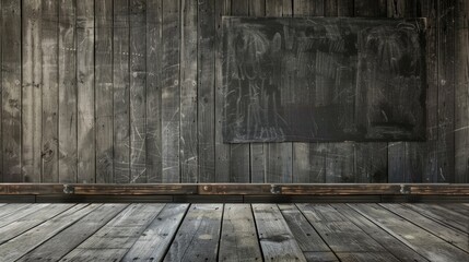 Texture of blackboard and wooden wall for school design board perfect for interior design websites and loft office style - obrazy, fototapety, plakaty