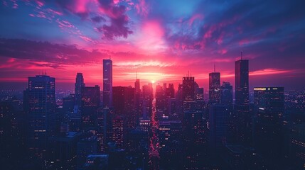Obraz premium The city skyline glows against a vibrant sunset, with stars beginning to twinkle in the sky, beautifully reflected on the calm water's surface.