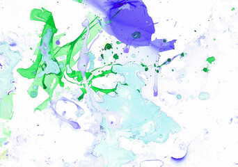 Abstract background. Different shades of blue, green, turquoise chaotic spots on white background. Marble effect. Chaotic splashes and drops.