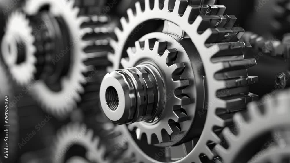 Poster closeup of gears and cogs of machines in motion, engineering concept