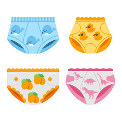 Baby waterproof training diaper and pants vector cartoon set isolated on a white background.