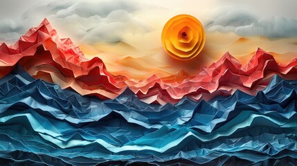 A vibrant, abstract paper art depiction of mountains under a bright sun, blending mountains shapes...