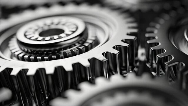 Closeup of gears and cogs of machines in motion, engineering concept