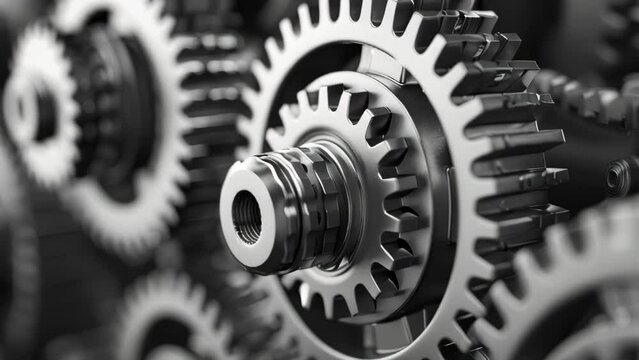 Closeup of gears and cogs of machines in motion, engineering concept