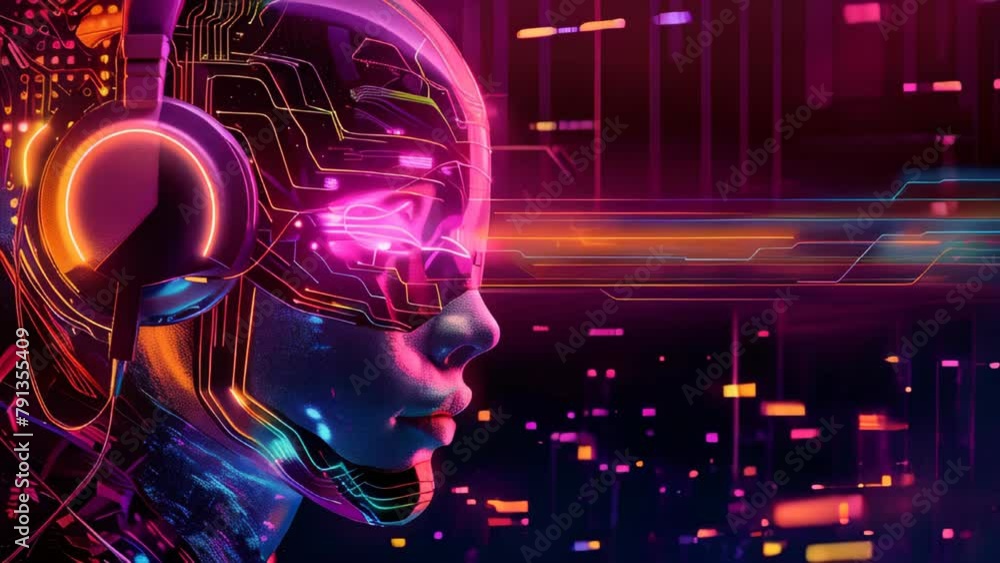 Aufkleber an artificial intelligence robot with headphones and colorful glowing elements on a dark background