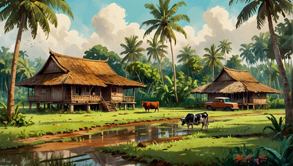 A traditional Malay wooden house surrounded by a spacious yard with green trees around the house and a cows are grazzing grass