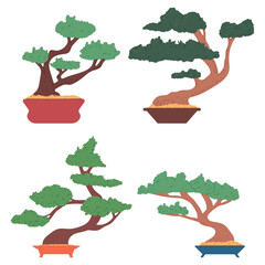 Bonsai trees in pots vector cartoon set isolated on a white background.