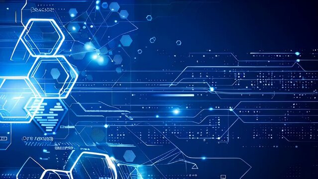 A blue abstract technology background with white hexagon and circuit lines