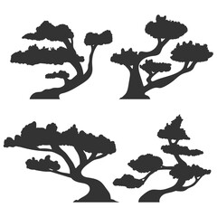 Bonsai trees vector black silhouettes set isolated on a white background.