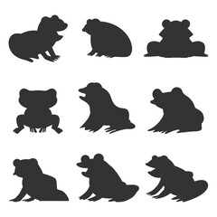 Frogs black silhouettes vector cartoon set isolated on a white background.