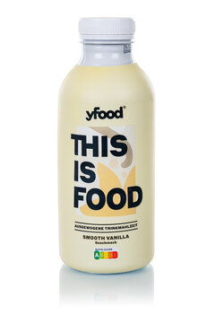 yfood This is Food Smooth Vanilla flavor drinking meal isolated on a white background portrait format