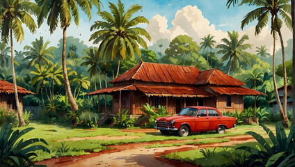 A beautiful view of a traditional Malay wooden house surrounded by a spacious yard with trees around the house and an old car parked in the yard.