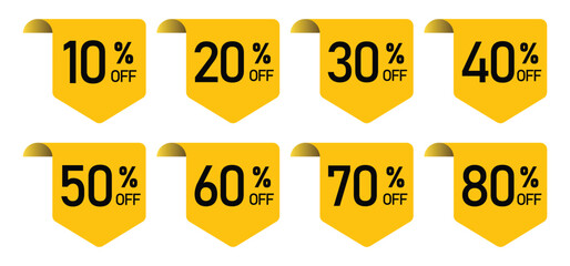 discount sticker product tag set. shopping discount label badge with 10, 20, 30, 40, 50, 60, 70, 80 percent off. vector  symbol on transparent background.