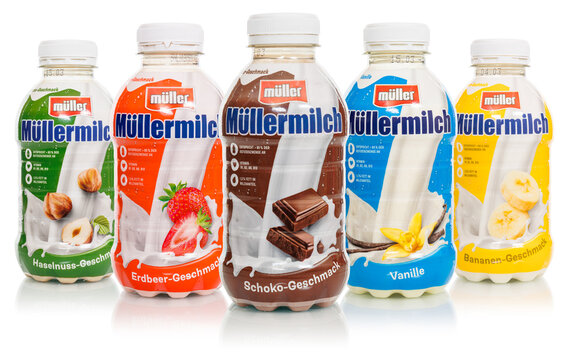 Müllermilch different flavors in bottles by Theo Müller company isolated on a white background