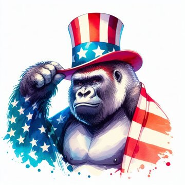 Gorilla Patriotic with American Flag. Watercolor 4th July Memorial Day Clip Art. Celebration USA (United State) Independence Day Art Cute Cartoon Character