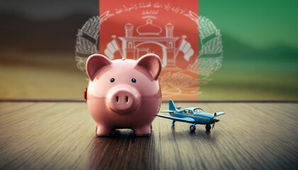 A piggy bank with an airplane against the backdrop of the Afghanistan flag. Saving money for vacations, leisure, and flights. - obrazy, fototapety, plakaty