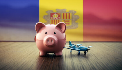 A piggy bank with an airplane against the backdrop of the Andorra flag. Saving money for vacations, leisure, and flights. - obrazy, fototapety, plakaty