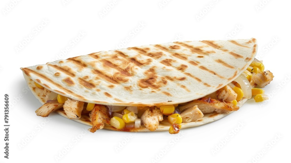 Poster Quesadilla with cheese and meat filling isolated on white background - Posters