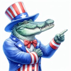 Crocodile Patriotic with American Flag. Watercolor 4th July Memorial Day Clip Art. Celebration USA (United State) Independence Day Art Cute Cartoon Character