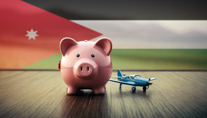 A piggy bank with an airplane against the backdrop of the Jordan flag. Saving money for vacations, leisure, and flights. - obrazy, fototapety, plakaty