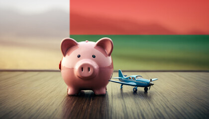 A piggy bank with an airplane against the backdrop of the Madagascar flag. Saving money for vacations, leisure, and flights. - obrazy, fototapety, plakaty