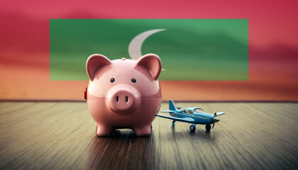 A piggy bank with an airplane against the backdrop of the Maldive flag. Saving money for vacations, leisure, and flights. - obrazy, fototapety, plakaty