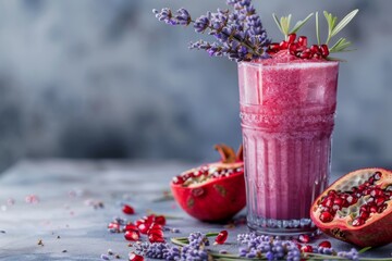 Drink made of pomegranate seeds and lavender flowers in a glass on a table