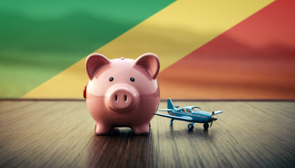 A piggy bank with an airplane against the backdrop of the Republic of the Congo flag. Saving money for vacations, leisure, and flights. - obrazy, fototapety, plakaty