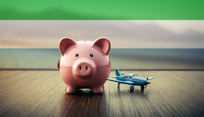 A piggy bank with an airplane against the backdrop of the Sierra Leone flag. Saving money for vacations, leisure, and flights. - obrazy, fototapety, plakaty