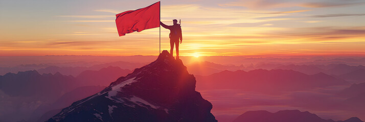 Businessman with flag standing on mountain top Businessman climbing for business success goals and orange , yellow sunset sky background and wallpaper, Man on top of a mountain with red flag goal succ - obrazy, fototapety, plakaty
