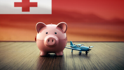 A piggy bank with an airplane against the backdrop of the Tonga flag. Saving money for vacations, leisure, and flights. - obrazy, fototapety, plakaty
