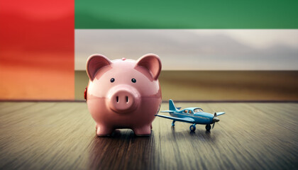 A piggy bank with an airplane against the backdrop of the United Arab Emirates flag. Saving money for vacations, leisure, and flights. - obrazy, fototapety, plakaty