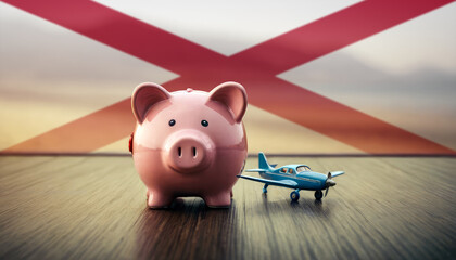 A piggy bank with an airplane against the backdrop of the Alabama flag. Saving money for vacations, leisure, and flights. - obrazy, fototapety, plakaty