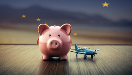 A piggy bank with an airplane against the backdrop of the Alaska flag. Saving money for vacations, leisure, and flights.