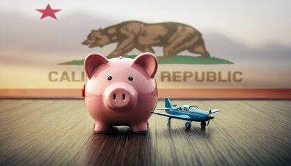A piggy bank with an airplane against the backdrop of the California flag. Saving money for vacations, leisure, and flights. - obrazy, fototapety, plakaty