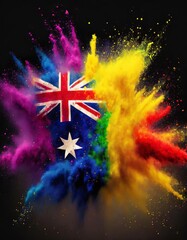 Australia colorful flag holi paint powder explosion on isolated background, generated by AI