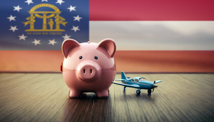 A piggy bank with an airplane against the backdrop of the Georgia flag. Saving money for vacations, leisure, and flights. - obrazy, fototapety, plakaty