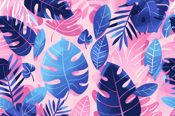 A flat vector illustration of a pink background with blue and purple leaves in a seamless pattern of simple shapes and flat color. Vibrant color. 