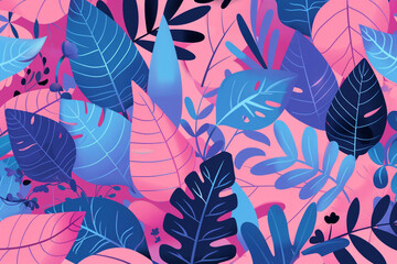 A flat vector illustration of a pink background with blue and purple leaves in a seamless pattern of simple shapes and flat color. Vibrant color. 