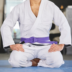 Martial arts, fitness and man kneeling in gym for training, uniform or professional fighting sport....