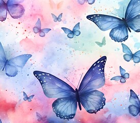 Watercolor painted background of butterflies, pink and blue, invitation, wedding, card, banner, with copy space