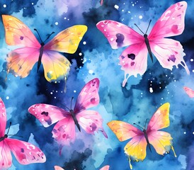 Watercolor painted background of butterflies, pink and blue, invitation, wedding, card, banner, with copy space

