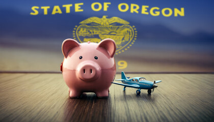 A piggy bank with an airplane against the backdrop of the Oregon flag. Saving money for vacations, leisure, and flights. - obrazy, fototapety, plakaty
