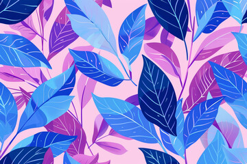 A flat vector illustration of a pink background with blue and purple leaves in a seamless pattern of simple shapes and flat color. Vibrant color. 