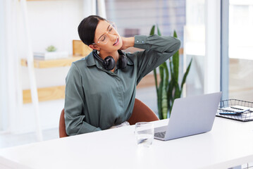 Business, woman or neck pain with stress, call center or burnout with laptop, overworked for...